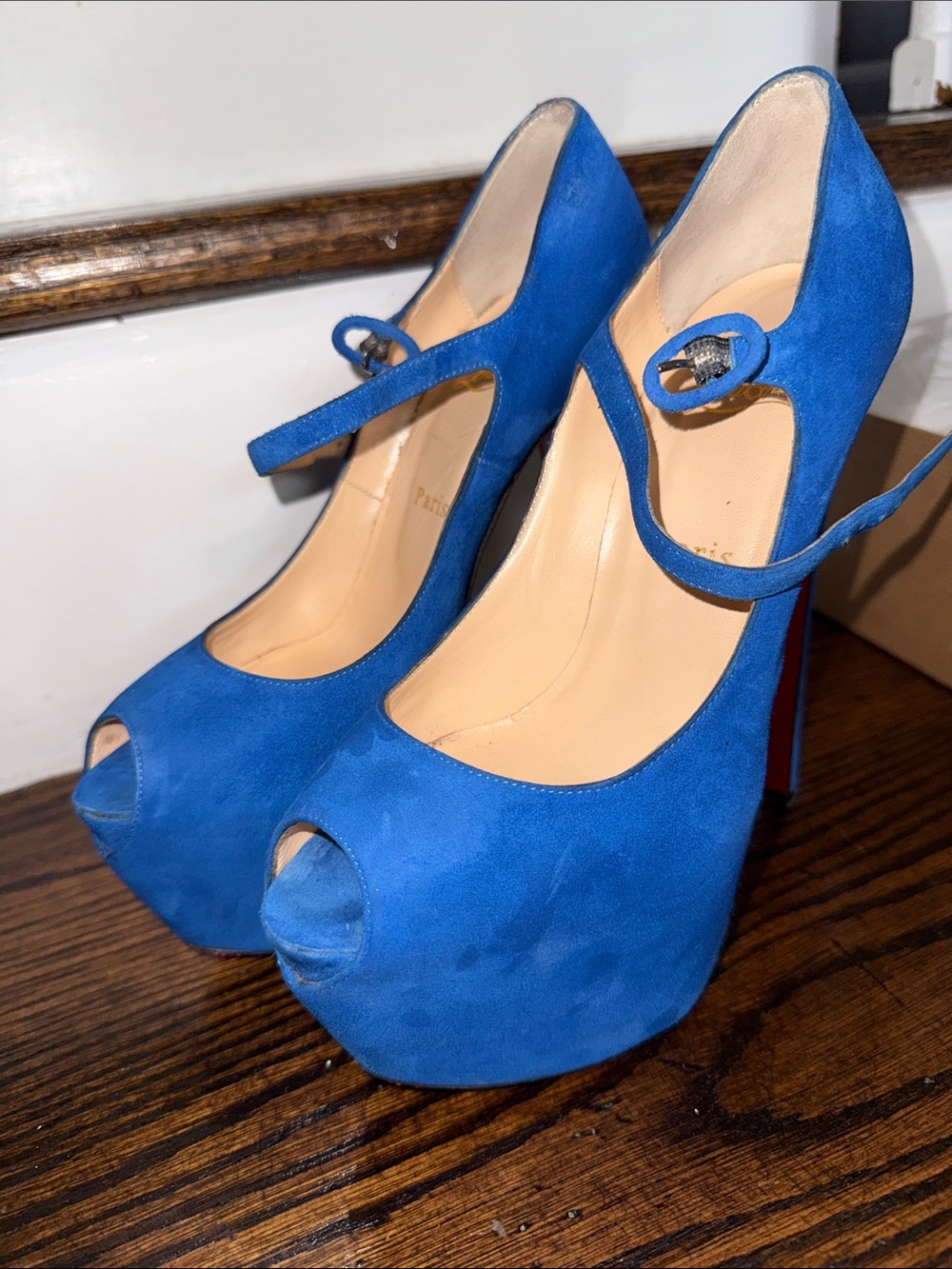 Christian Louboutin Cobalt Blue Suede Peep-Toe Platform Mary Jane Heels